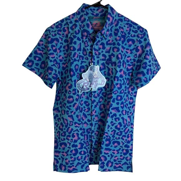 Retro Rifle Shirt Mens Medium Blue Leopard Short Sleeve Button Up Stretch NWT - Picture 1 of 14